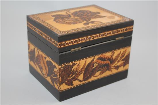 A Tunbridge ware coromandel flower bouquet tea caddy, 8.5in.